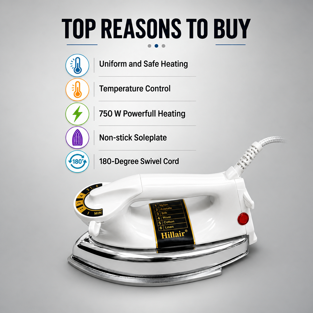 HILLAIR Plancha 750 W Dry Iron (White, Silver) - Image 2