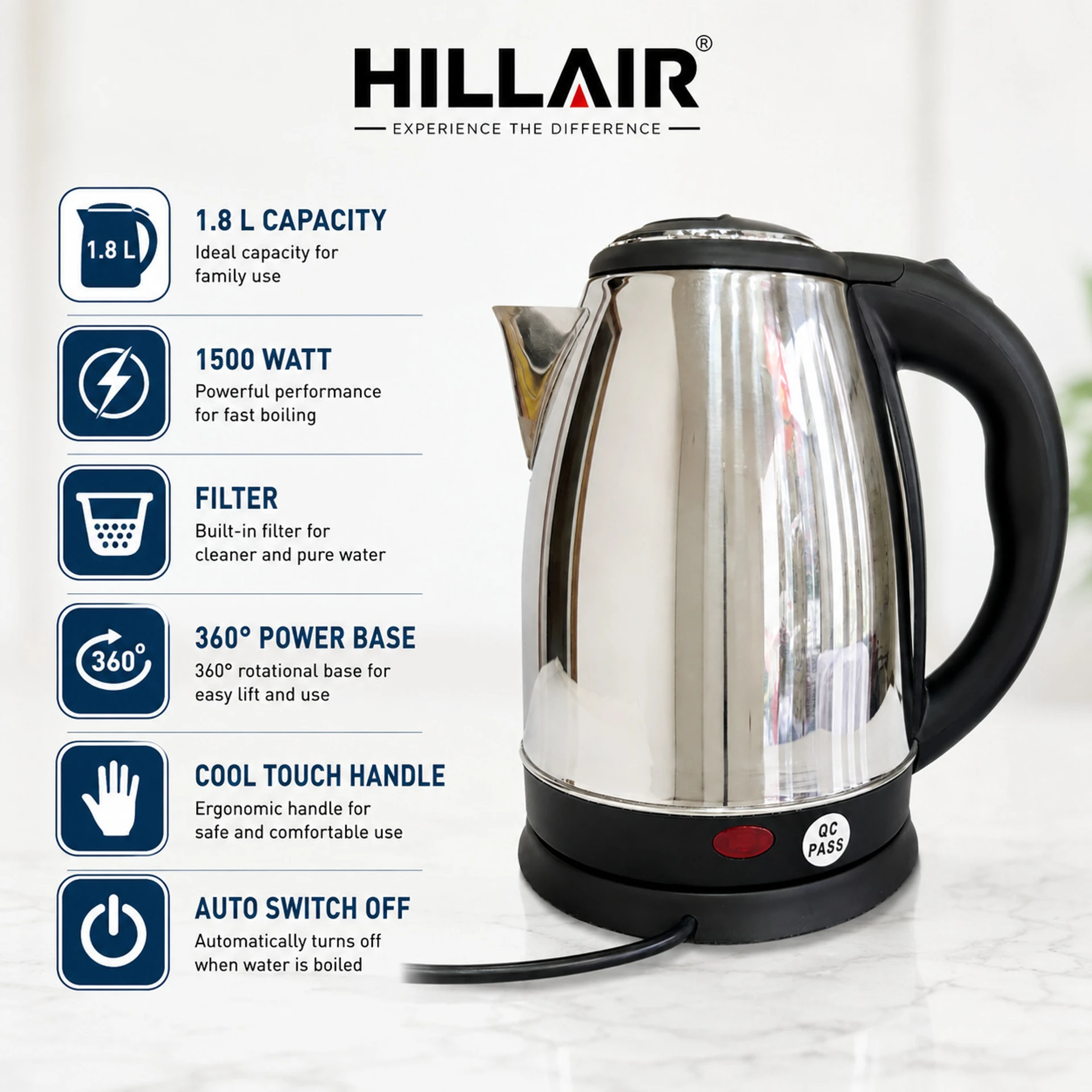 HILLAIR K18-1500W Electric Kettle (1.8 L, Silver, Black) - Image 3